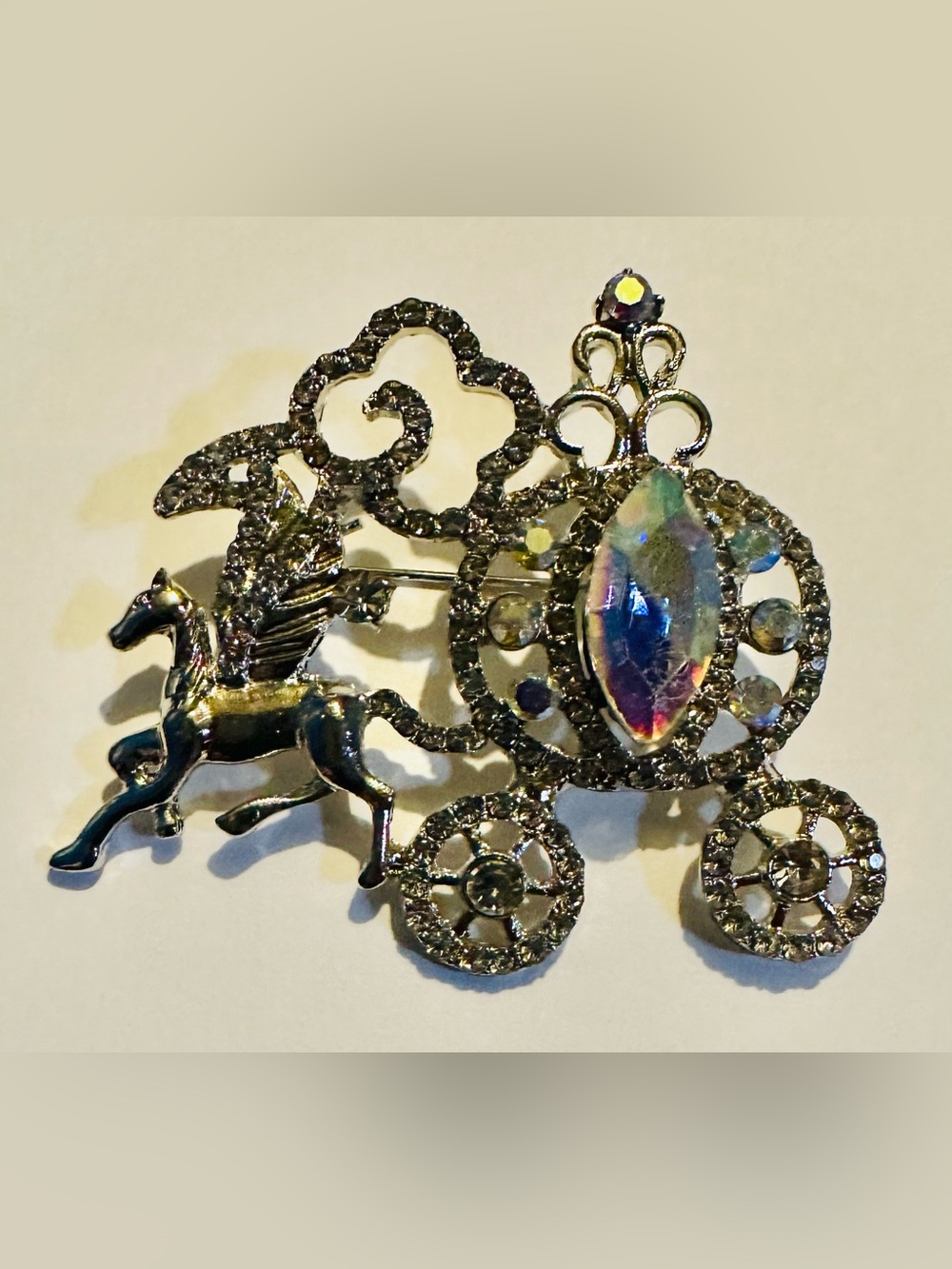 Sliver Tone Iridescent Crystal Horse and Carriage Brooch